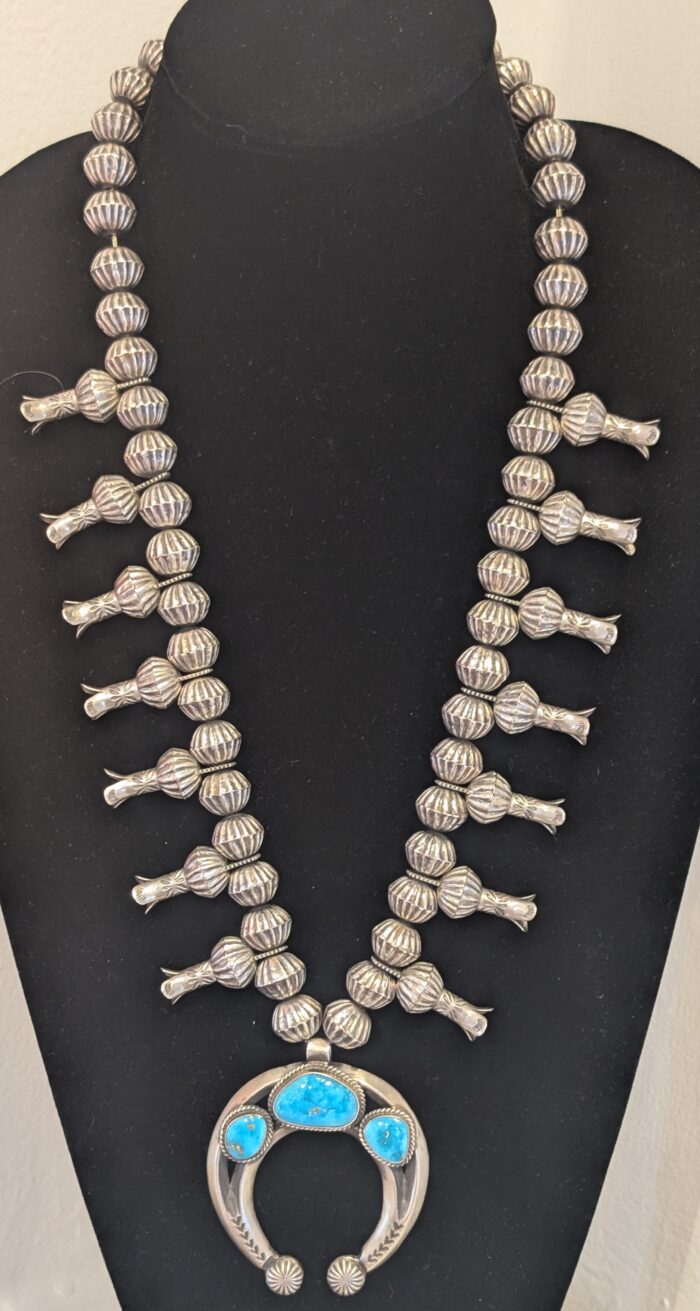 "Squash Blossom Necklace fluted beads and Old Kingman Turquoise" by Eugene Hall